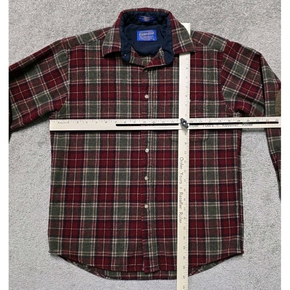 Pendleton Red Green Brown Plaid Virgin Wool Flannel Shirt Elbow Patch Mens M - Picture 13 of 16